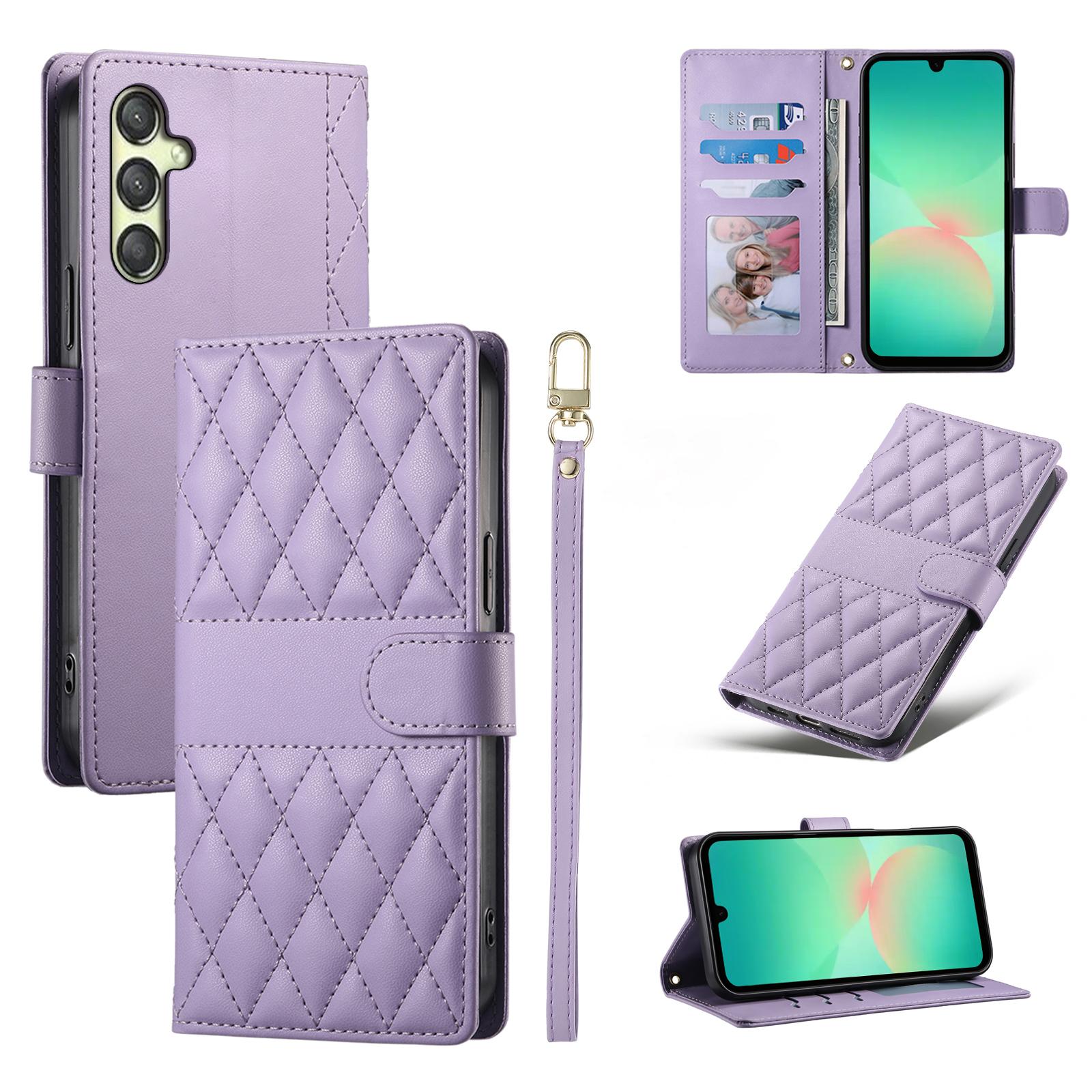 

For Samsung Galaxy A17 5G Case Rhombus Stitching Wallet Stand Leather Phone Cover with Long/Short Strap Purple