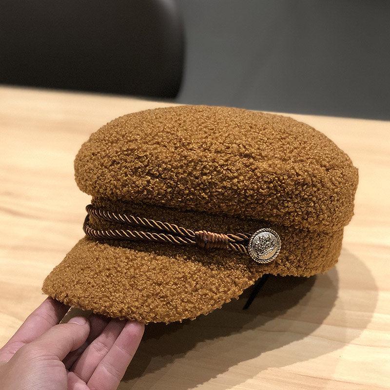 Autumn and Winter Lamb Wool Thickened Warm Flat Top Cap Painter Hat Women's Octagonal Hat