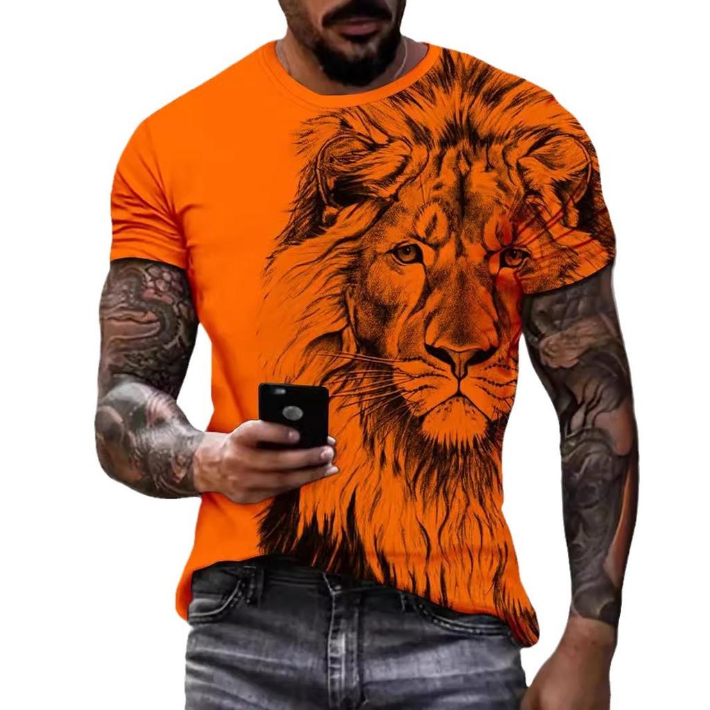 Summer Round Neck 3D Lion Pattern Print Top Fashionable Casual Short Sleeved Men's T-shirts