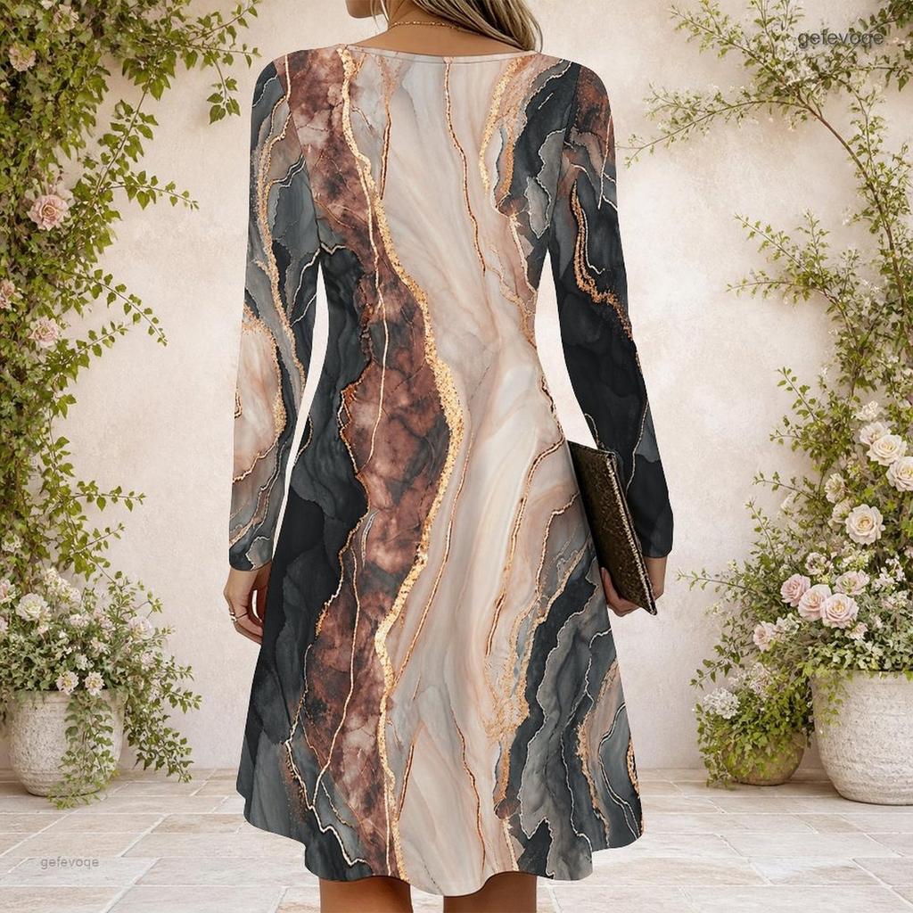 Women Criss Cross V Neck Long Sleeve Printed Fitted Curved Hem Dress