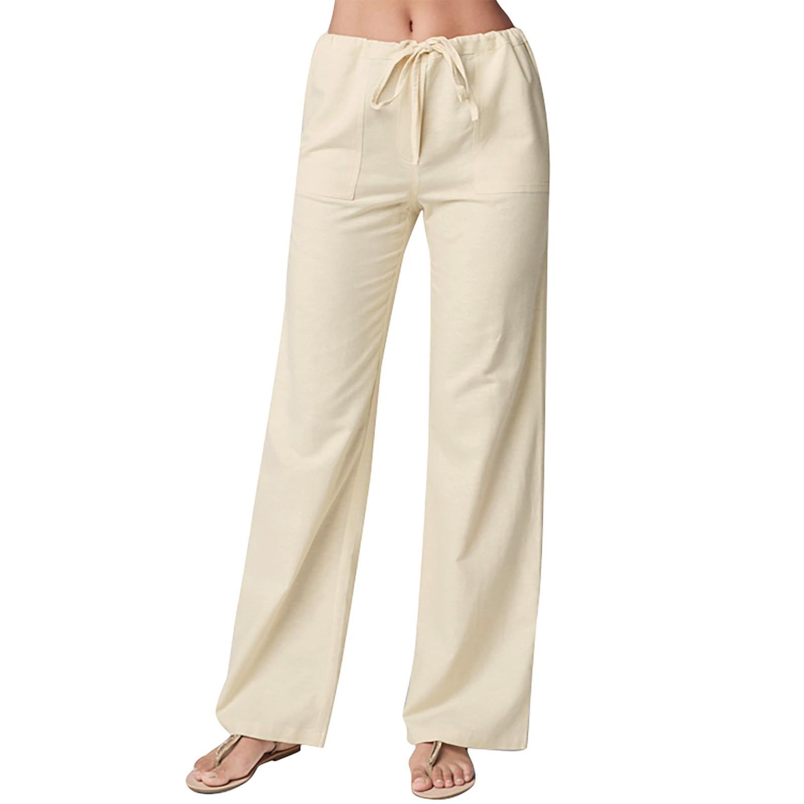 

Women s Loose Trousers With Lace-up Cotton And Linen Straight Casual Pants XL бежевий