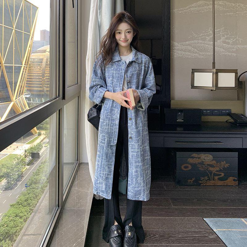 

Синяя жаккардовая длинная джинсовая ветровка женская осенняя новая корейская Универсальная свободная куртка-пальто XL синий