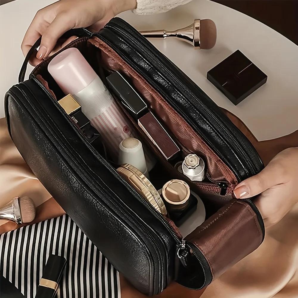 Leather Large Capacity Travel Cosmetic Bag Portable Women Makeup Case Waterproof Multifunctional Toiletry Organizer Storage Bag
