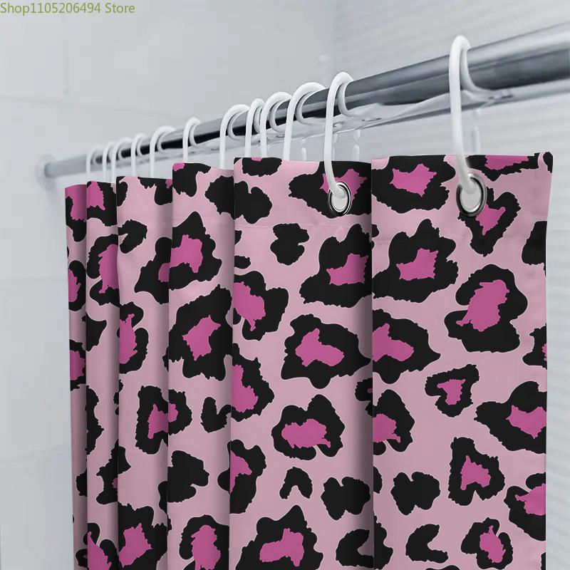 Leopardenmuster Duschvorhang für Badezimmerdekor Rosa und Schwarzes Muster Wasserdicht Langlebig Geeignet für Nass- und Trockentrennung