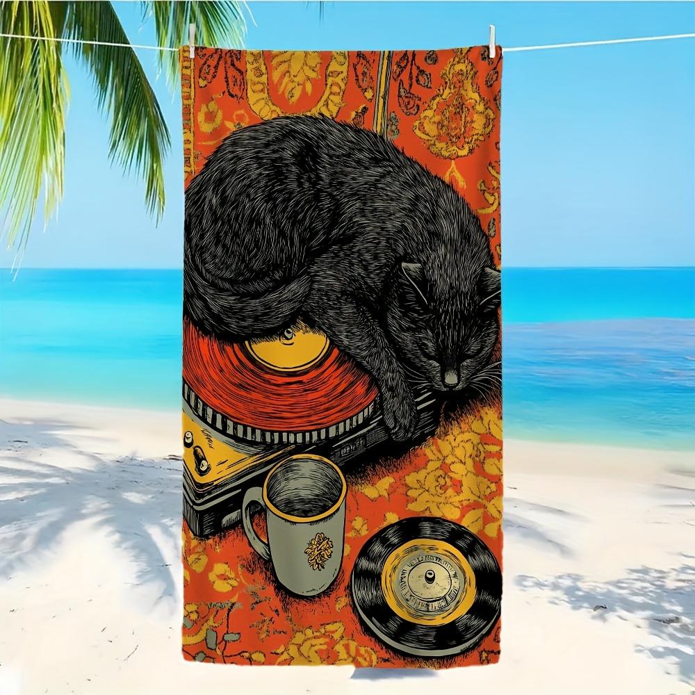 

Oversized Microfiber Beach Towel Retro Music Cat Print with Vinyl Records Black Cat Turntable Design Quick-Dry Sand-Free W40*H60(CM)