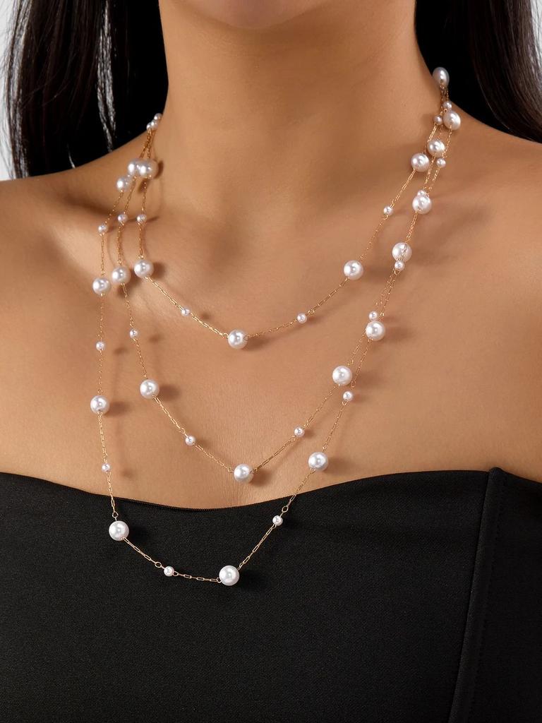 2026 Trendy Vintage Imitation Pearl Multi Layered Necklaces for Women Handmade Beaded Bracelets Set Wedding Party Jewelry