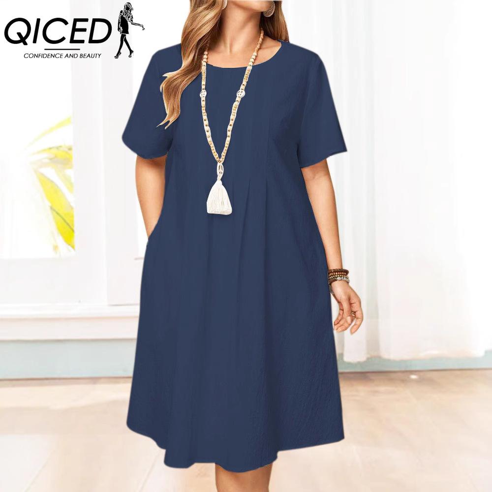 QICED Женская мода лето весна однотонный принт О-образный вырез высокая талия повседневные платья