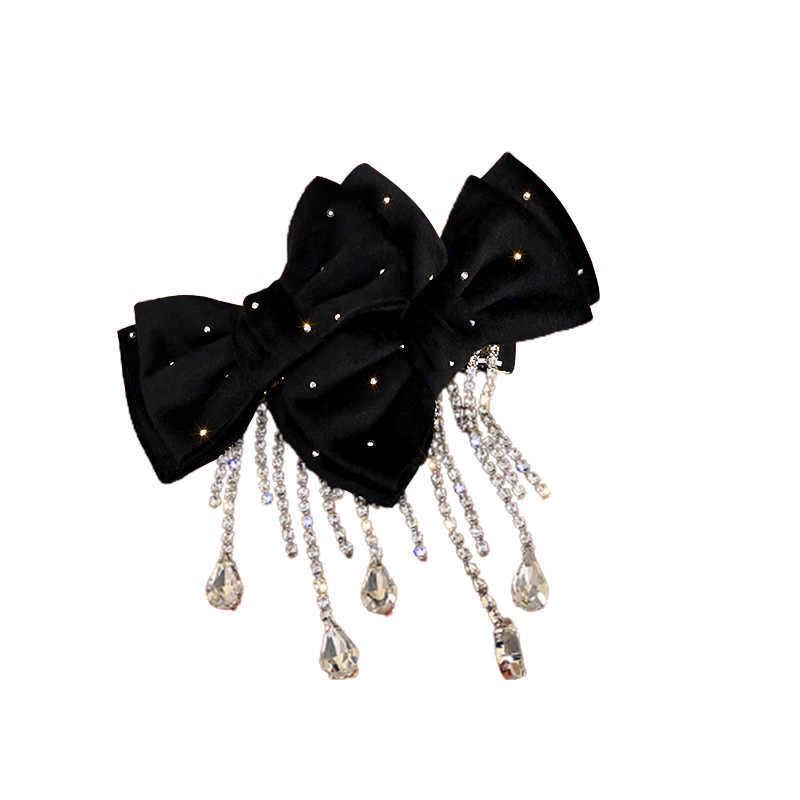 Elegant Korean Velvet Polka Dot Hair Clip with Rhinestone Bow and Tassel