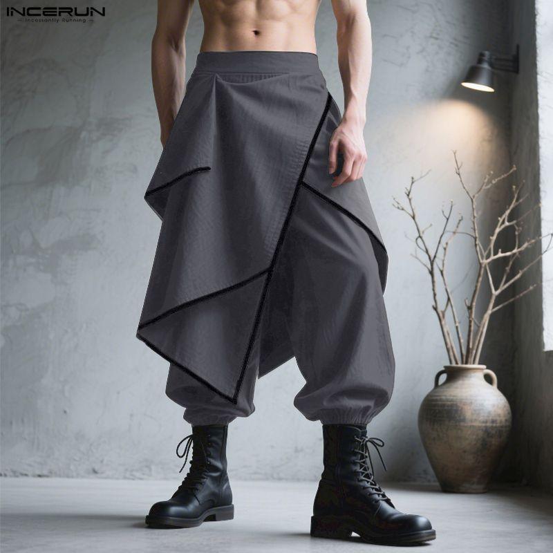 INCERUN Men Back Elastic Waist Layers Punk Gothic Cosplay Casual Long Harem Pants Trousers