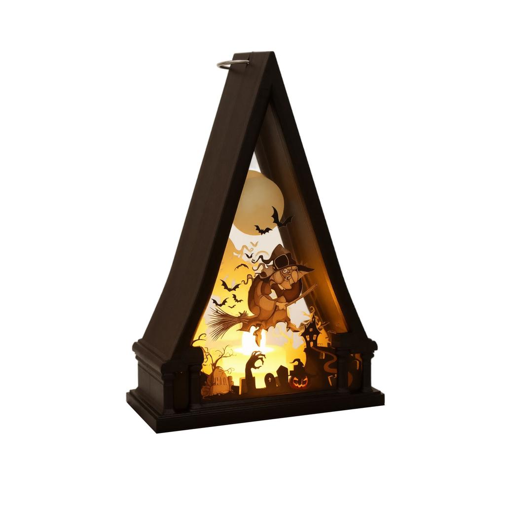 Halloween Night Light Decoration Tabletop Pumpkin Lantern with Triangular Frame and Cutout Design for Indoor Seasonal Display