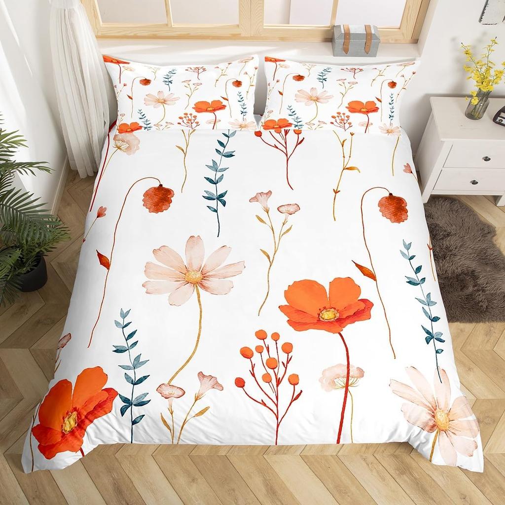 Watercolor Floral Down Duvet Cover Set Queen King Size Simple Pastoral Style Bedding Suitable for Kids Teens Adult Women 3 PCS