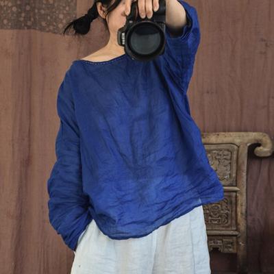 Women Vintage O-Neck Long Sleeve T-Shirts Ramie Spring Solid Color Tees Loose High Quality Casual T-Shirts