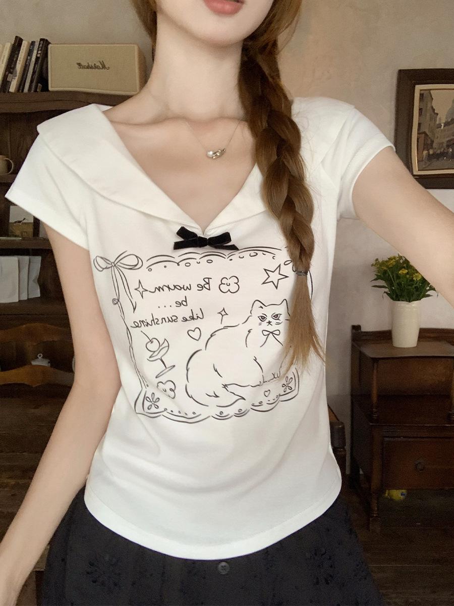 Sweet sister doll collar short-sleeved T-shirt women s front shoulder summer new thin girl printed bow top S белый
