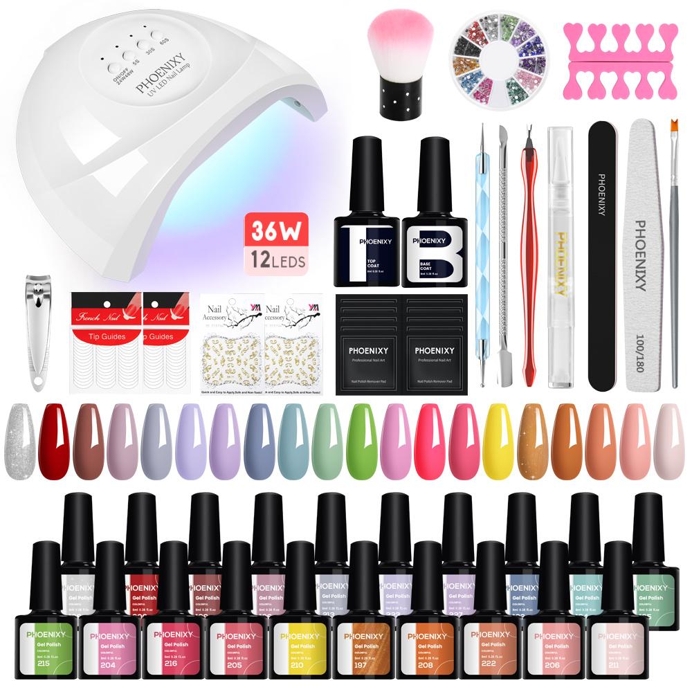PHOENIXY 20pcs Gel Nail Polish Kit with UV Nail Lamp Top Base Coat Semi Permanent Varnish Manicure Set