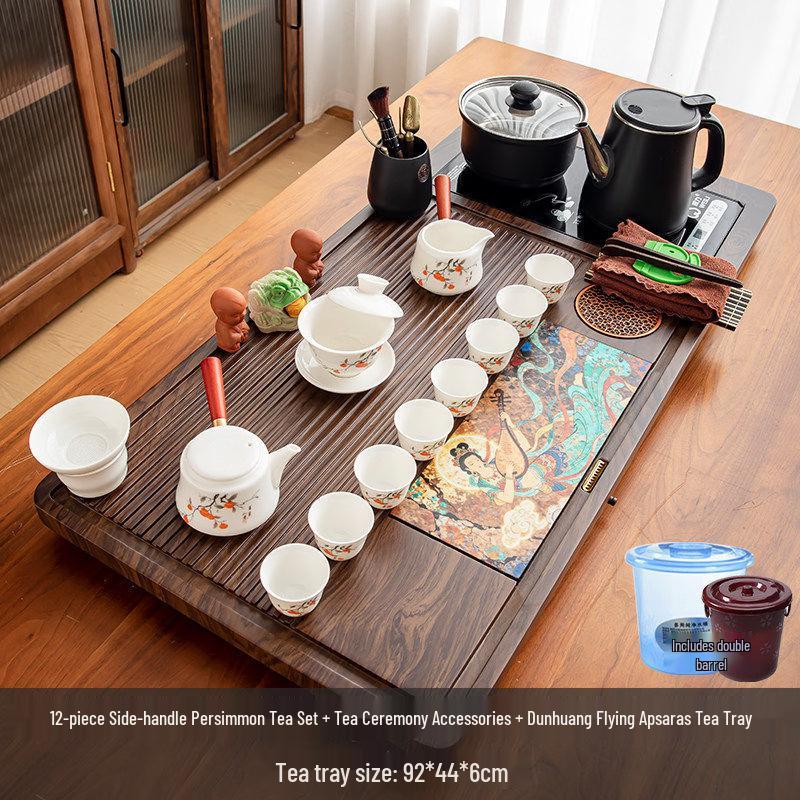 Auspicious Persimmon 12-Piece Ceramic Tea Set with Side-Handle Teapot