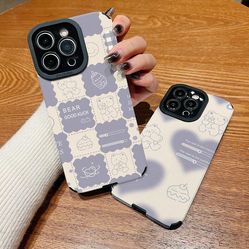 Vertical Grain Leather Cute Cartoon Bear Printed Soft Silicone Phone Case Back Cover with Camera Lens Full Protection for Samsung