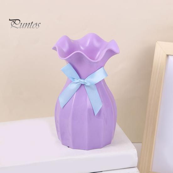 Light Plastic Vase Shatterproof Flower Vase with Ruffled Mouth Dried Flowers Holder with Bow for Bedroom Living Room Table Decor