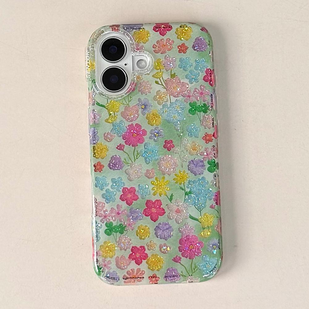 

Spring Retro Glitter Colorful Flower Shockproof Protective Sparkling Phone Case for iPhone 17 16 15 14 Pro Max 13 Bling Cover iPhone 13