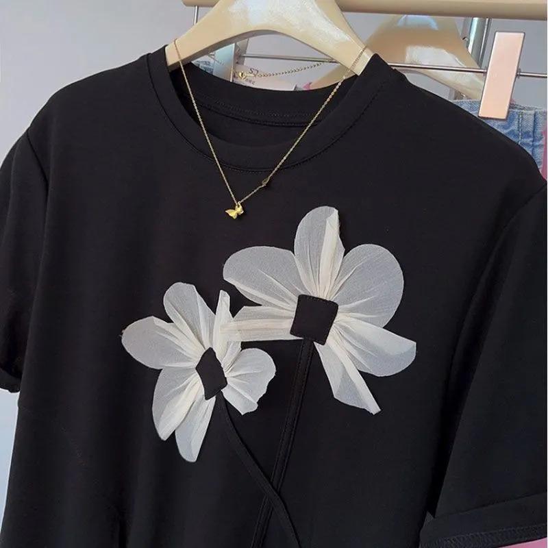Korean Style Irregular Slit Short-sleeved T-shirt for Women Pure Cotton Summer New Design Three-dimensional Flower