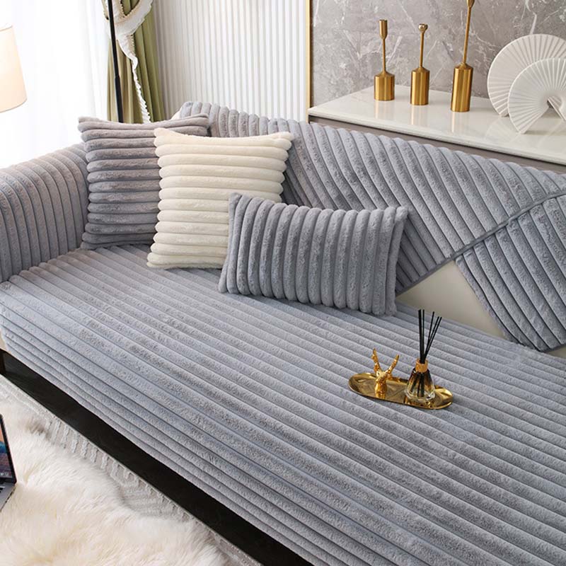 Vinter Varm Stripe Tykke Immitasjon Kaninpels Plysj Sofatrekk Sklisikker Sofa Pute Sklitrekk Håndkle Stue Sofa Teppe L-formet Sofa Cove