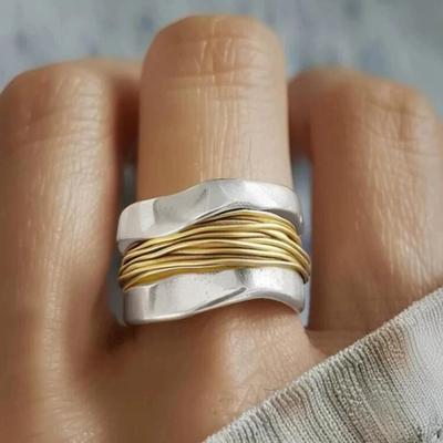 Huitan Irregular Shaped Metal Rings for Women Gold Color Wire Wrapped Design Statement Female Rings Daily Wear Trendy