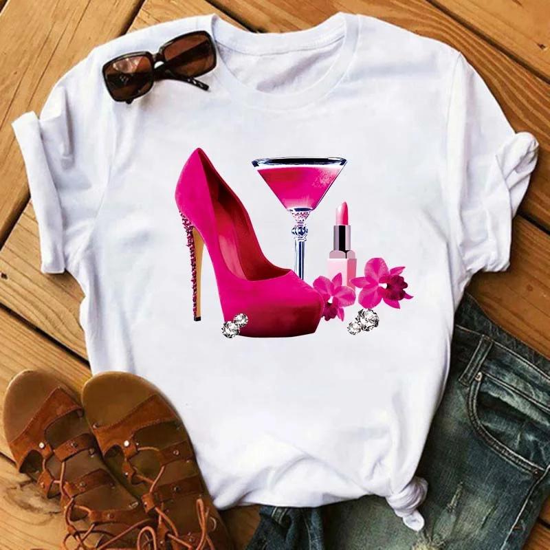 Wine Glasses Printed Tshirts Women Summer Short-sleeve Wine Glass Funny Casual T Shirts Female Black Tops Woman Clothing