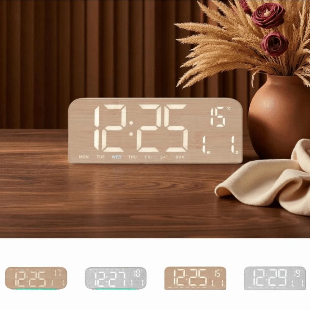 Wood Grain Digital Alarm Clock Multi-functional LED Alarm Clock Desk Clock Office Use