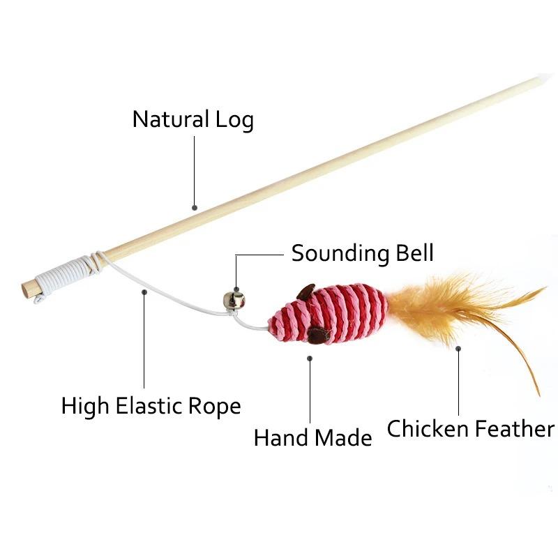 Funny Interactive Cat Teaser Toys with Feather 40CM Wooden Stick, Mice Fish Chick Design, Kitten Playing Teaser Wand Pet Accessories for Cats