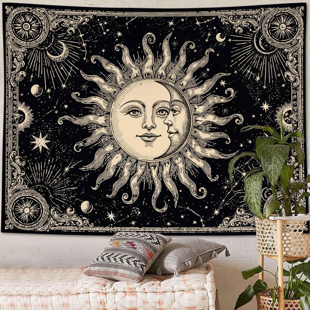 Tapestry Vintage Celestial Sun Moon Tapestries Starry Sky Wall Hanging Mystical Astrology Line Art Decor Bedroom Dormitory