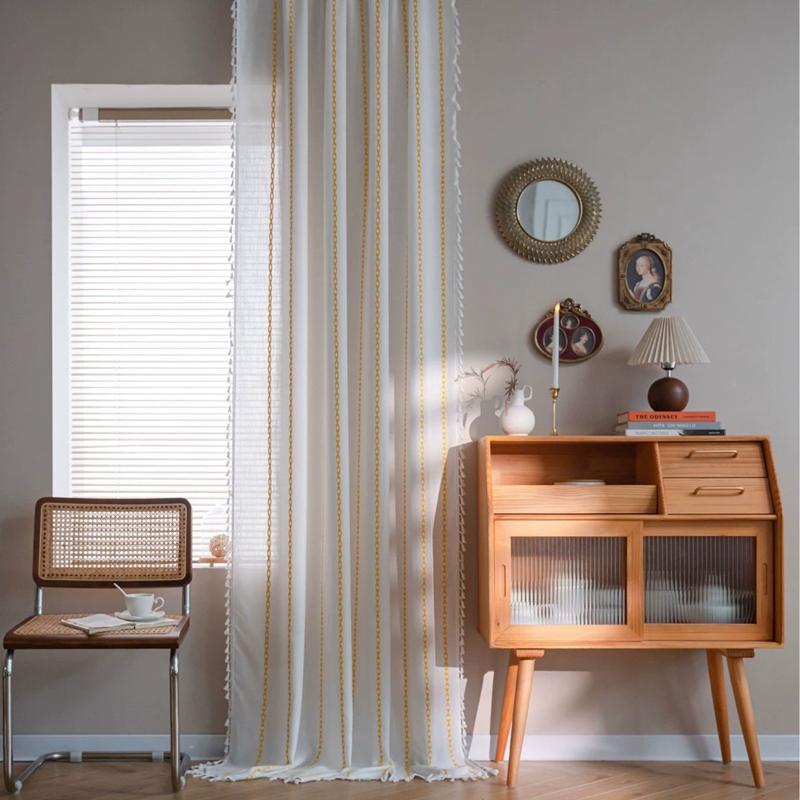 Solid Color Multi-line Finished Curtain for Bedroom Living Room Rural Embroidery Textured Window Curtain 1 Panels Tassel Drapery