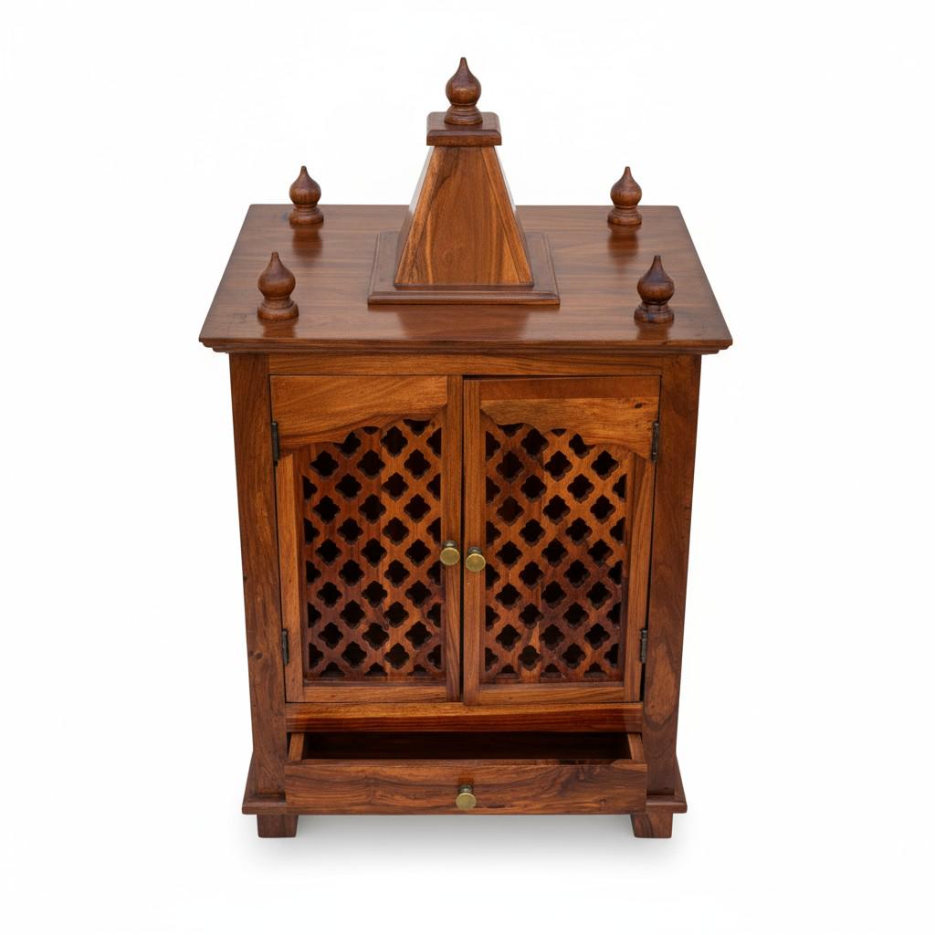 Solid Sheesham Wood Pooja Mandir | Indian Temple for Home | Handcrafted Wooden Mandir with Drawer & Jali Doors | Ethnic Hindu Altar Shrine