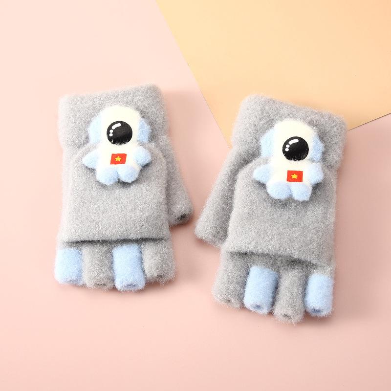 Children's Astronaut Half finger Gloves with Velvet Warm Flip Baby Writing Gloves Cold Proof and Thickened Primary School Students' Gloves