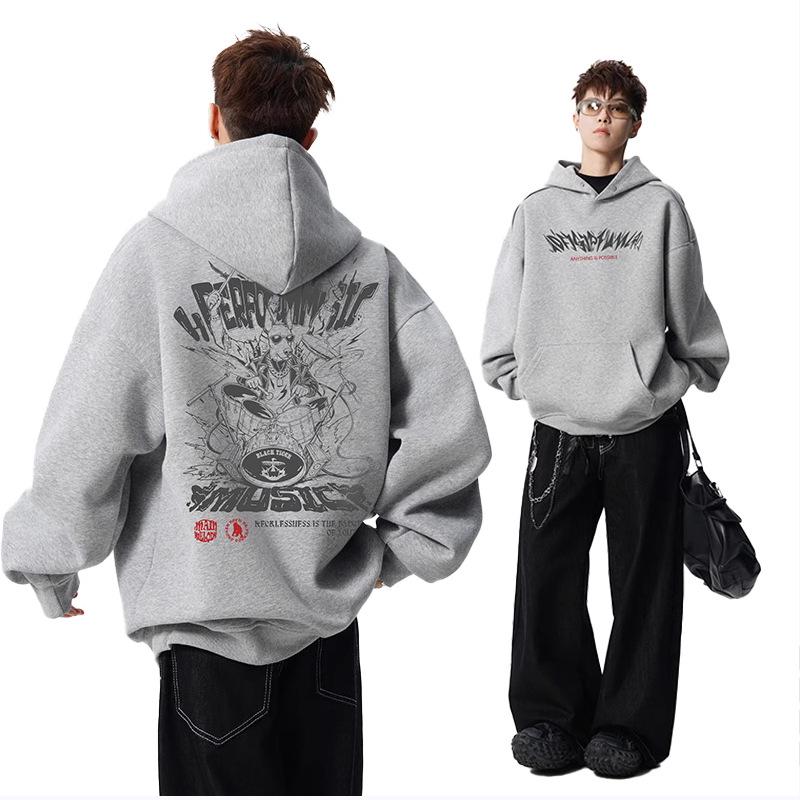 Men's Trendy American-Style Fleece-Lined Winter Hoodie – Thick, Warm, Printed, Loose Fit Jacket
