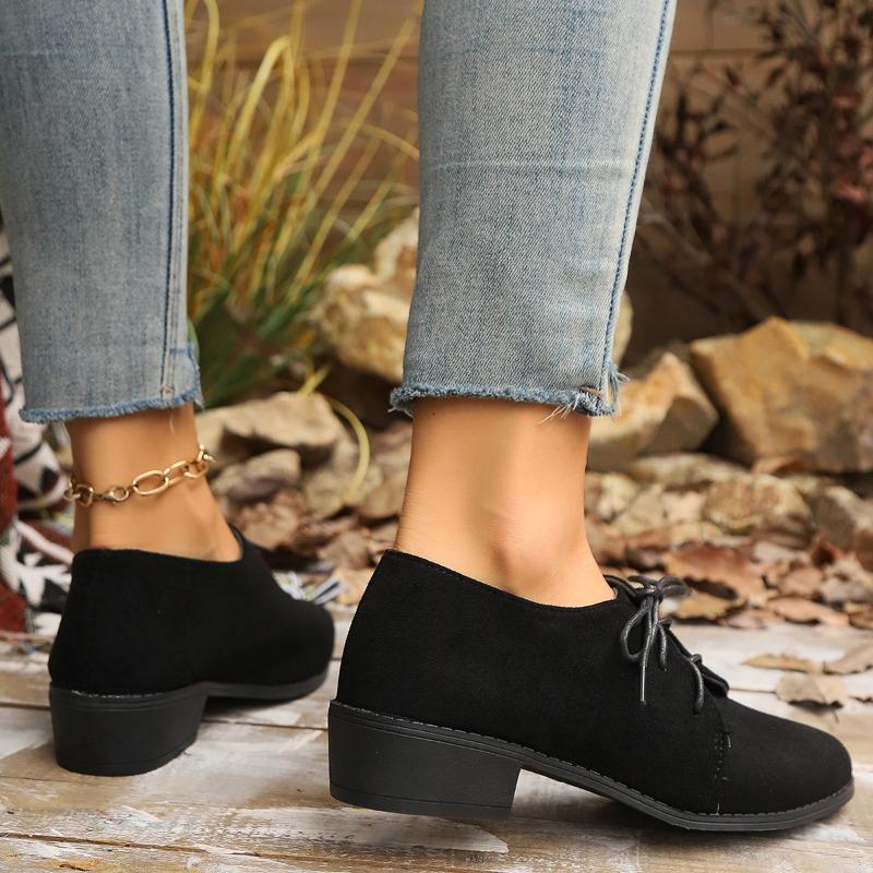 Fashion Casual Low-heeled Shoes for Women 2024 Winter New Square-heeled Lace-up Women's Shoes, Comfortable and Fashionable Shoes