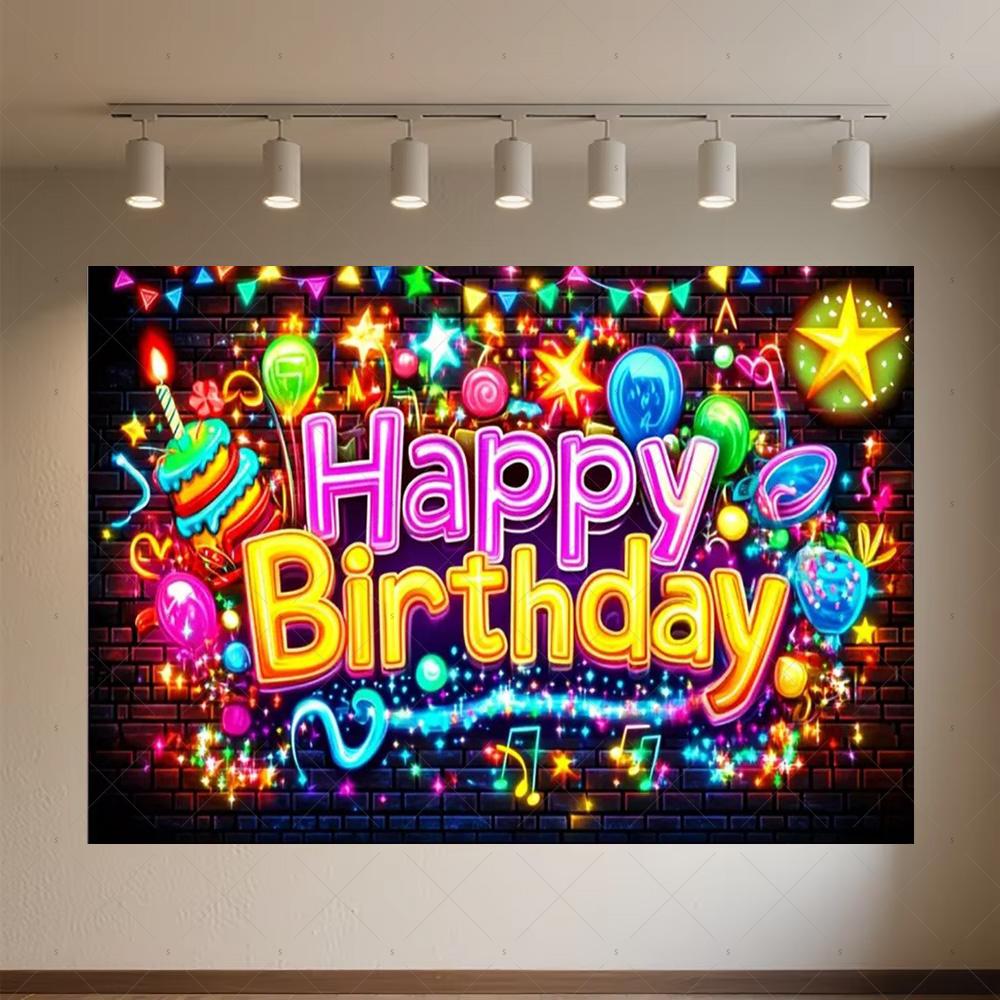 Glitter Happy Birthday Background Banner Glow Neon Dance Carnival Party Decorations Colourful Backdrop Supplies Photography Prop