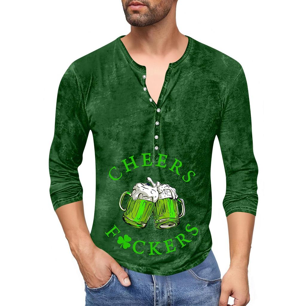 Men'S Printed T-Shirt Outdoor Retro Button Loose Long Sleeve Top