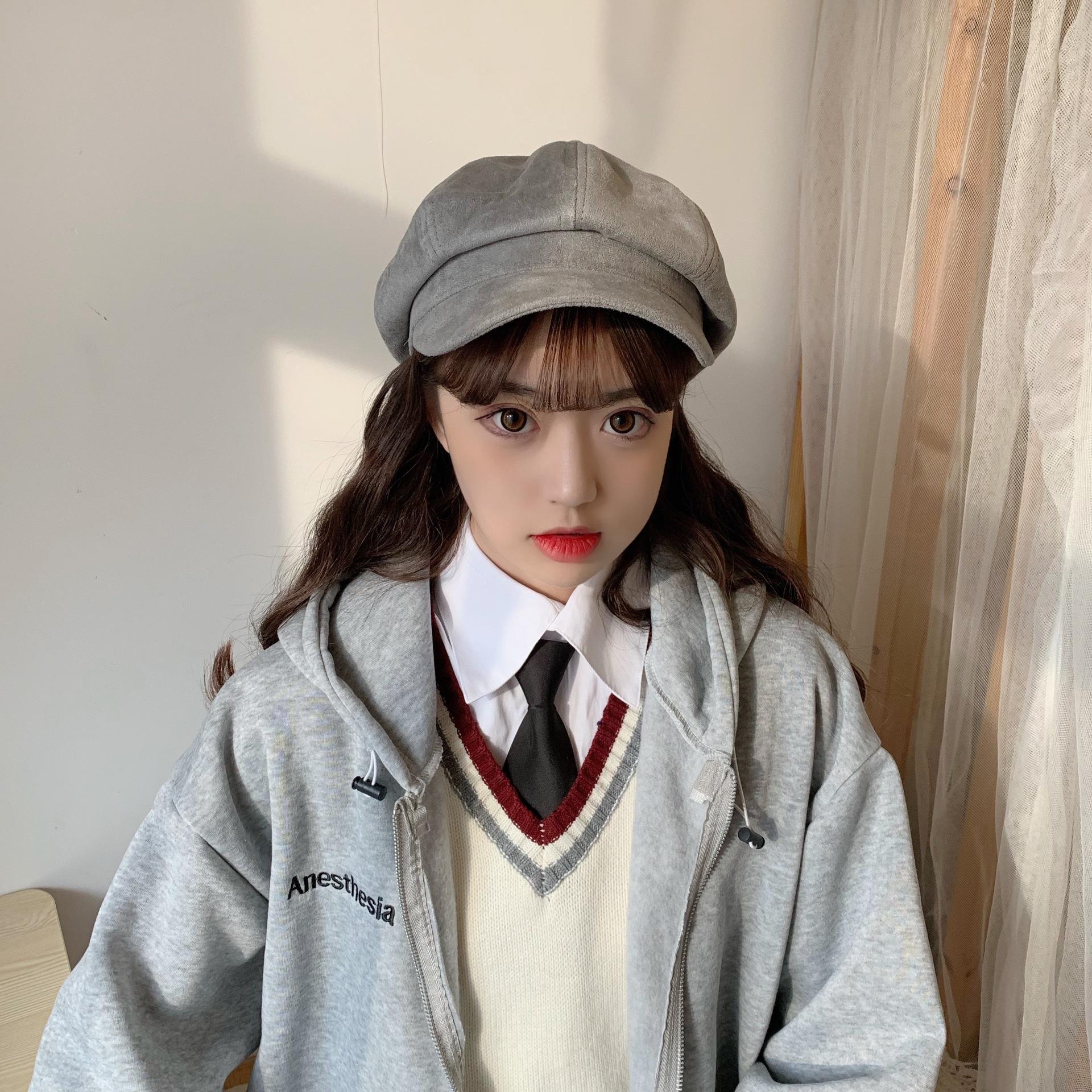 

Восьмиугольная шляпа, женский берет, японская универсальная британская ретро-шляпа газетчика, женская тенденция M（56-58cm） серый