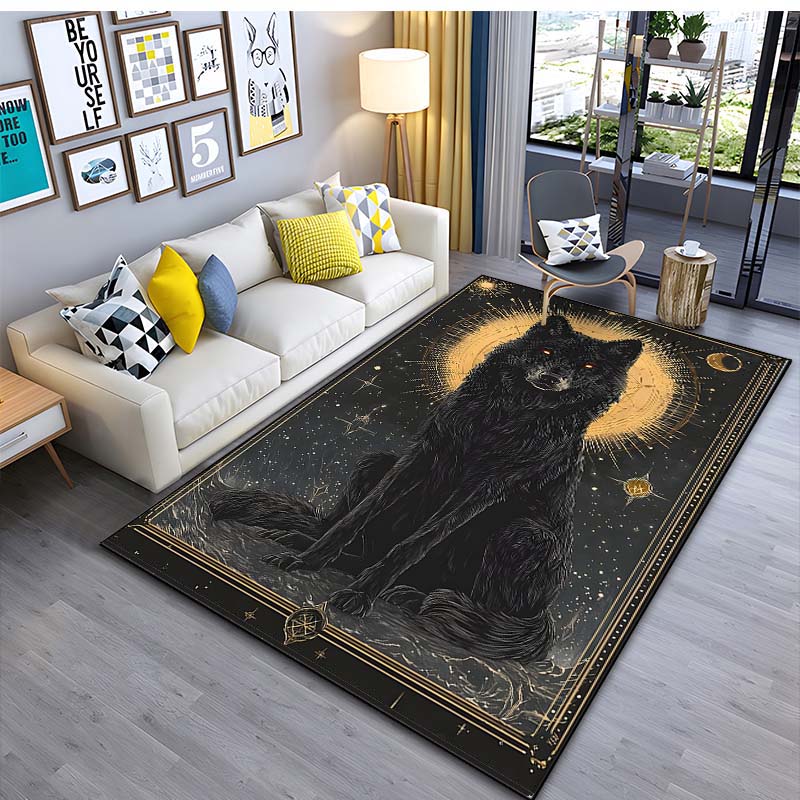 Black Wolf Pattern Area Rug–Stylish Carpet for Living Room or Bedroom – Non-Slip Bedside Floor Mat, Cool Home Decor Gift for Men