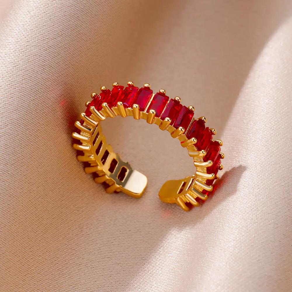 Colorful Cubic Zircon Ring for Women Stainless Steel Gold Color Open Ring Vintage Boho Wedding Party Zircon Gift Accessories