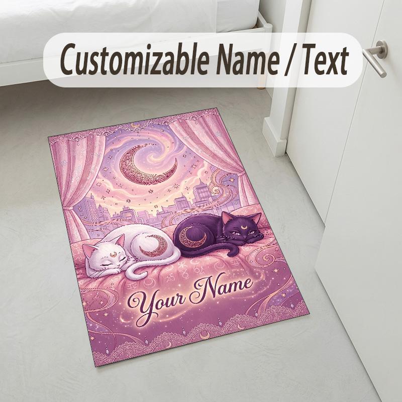 Moonlit Cat Theme Soft Crystal Velvet Rug Custom Name & Text Print Non Slip Floor Rug for Bedroom Living Room