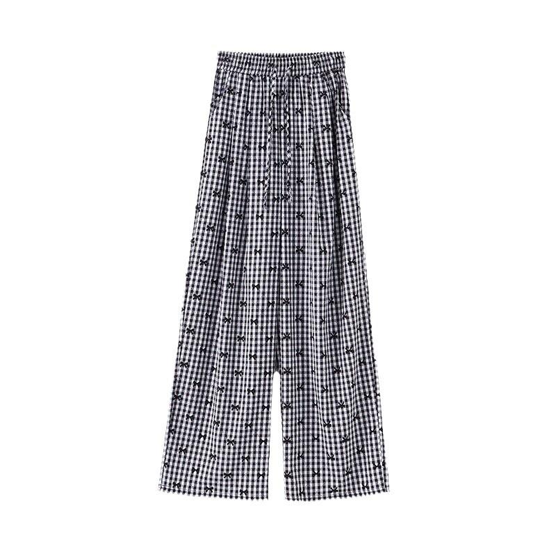 

Ретро клетчатые повседневные брюки с принтом банта для женщин. Летом новые брюки женские с высокой посадкой, стройнящие, широкие. XXXL