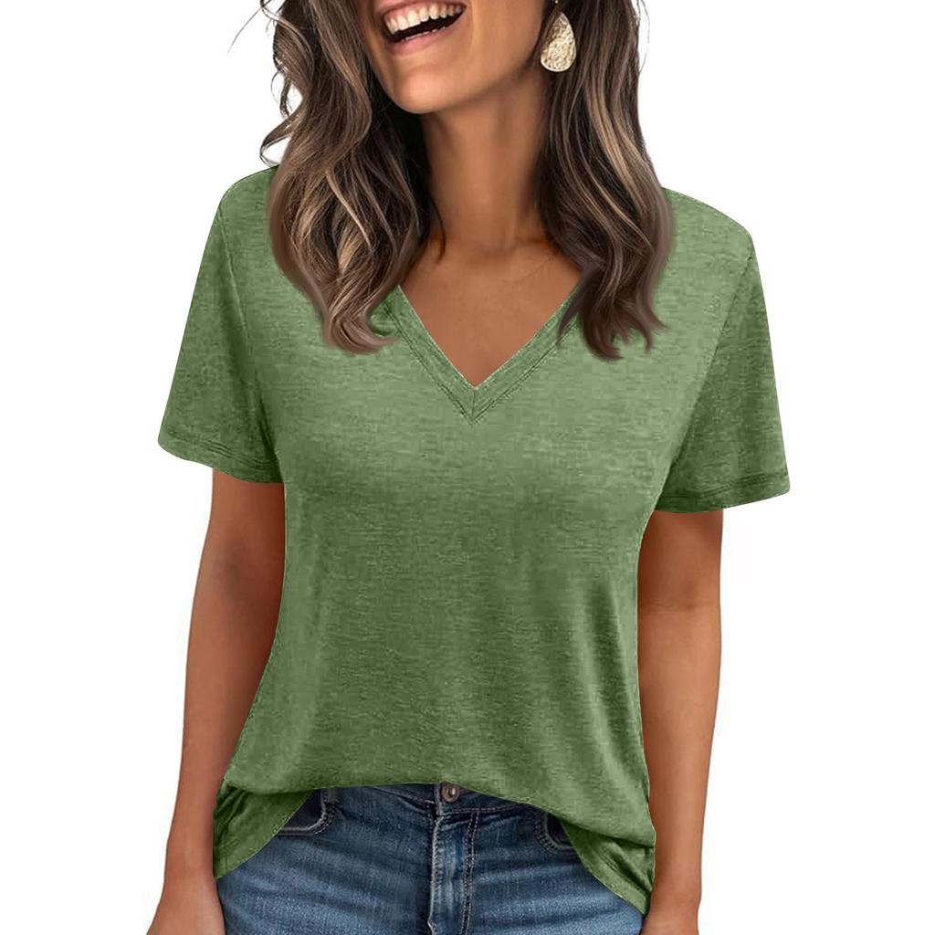 Womens' Fashionable And Casual Solid-color Basic V-neck Short-sleeved Top