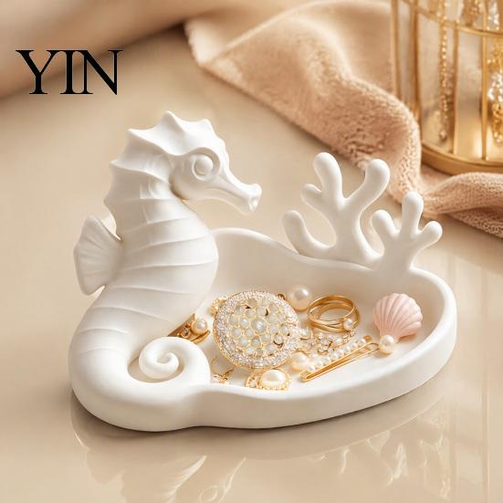 Seahorse Jewelry Dish Coral Tray, 3D Printed Ocean Themed Ring Earring Gift for Lovers Holder, Decorative Trinket Vanity Table Desktop Storage