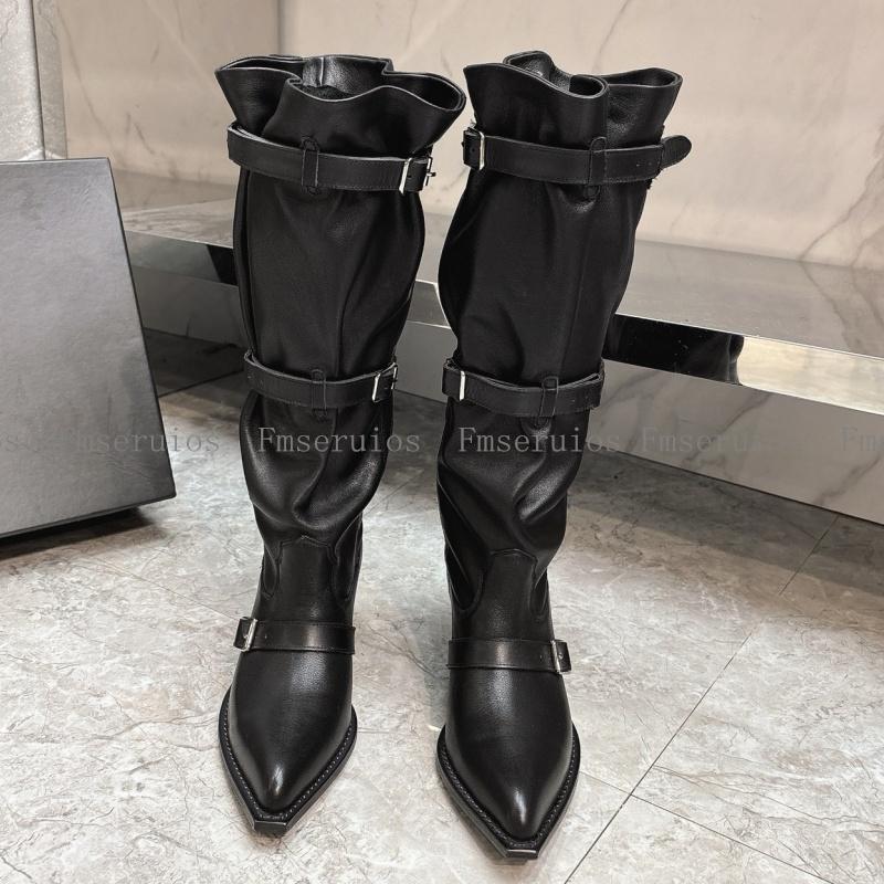 Women Knee High Boots Genuine Leather Pointed Toe Chunky Heel Solid Casual Fashion Simple Design Shoes Western Cowboy Boots