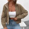Women's Khaki Stand Collar Short Jacket  with sleek metal buttons for a polished look