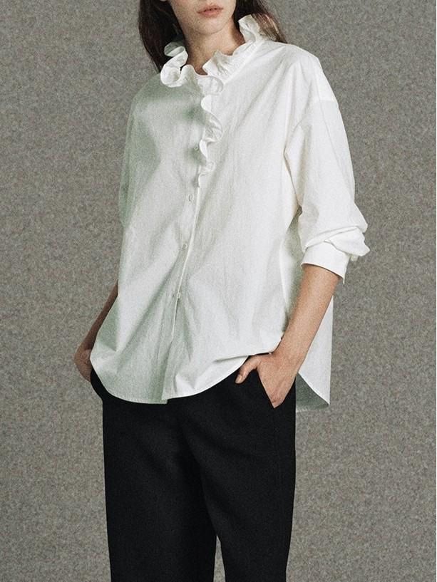 GUOE 100% Cotton Baroque Ruffle Lace Collar Shirt