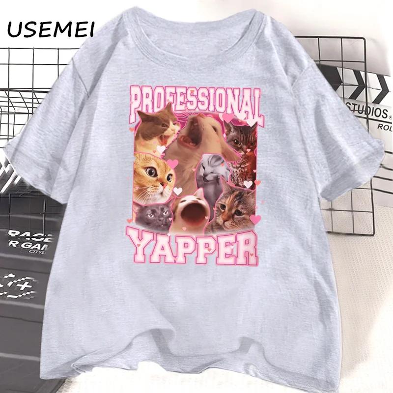 Professional Yapper Meme Cat Graphic T Shirts Funny Cotton Cute Kitten T-shirt Summer Cotton Round Neck T Shirt Female Clothing