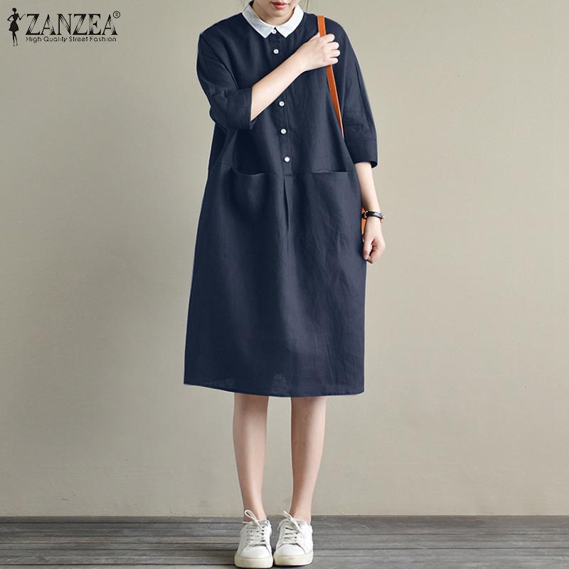 

ZANZEA Женское повседневное летнее платье с отложным воротником и короткими рукавами
