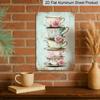 2D Flat, 1pc Vintage Tea Party Metal Wall Art Sign - 8x12 Inch Aluminum Floral Teacups & Roses Design, Rustic Distressed Edges, Pre-Drilled Holes for
