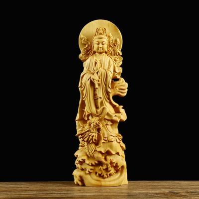 Buchsbaumschnitzerei, reitender Drache, Netzflasche, Guanyin-Buddha-Statue, Set, Teile, Massivholz, Wohnzimmer, Zuhause für Kunsthandwerk